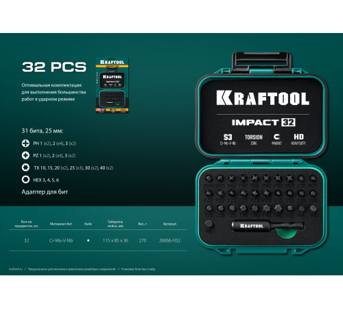 KRAFTOOL Impact-32, 32 шт, набор ударных бит (26066-H32) купить  в Сочи