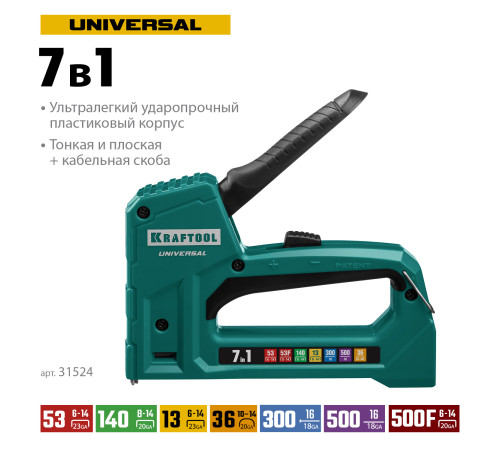 KRAFTOOL Universal, 7-в-1: 53 (A/10/JT21) 23GA (6 - 14 мм)/140 (G/11/57) 20GA (8 - 14 мм)/13/53F/36/500, универсальный легкий степлер (31524) купить  в Сочи
