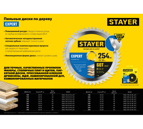 STAYER Expert, 254 x 32/30 мм, 60Т, точный рез, пильный диск по дереву (3682-254-32-60) купить  в Сочи