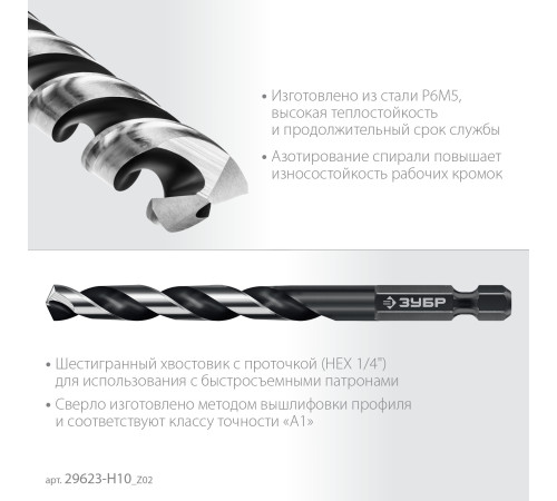 ЗУБР НЕХ-1/4″, 10 шт, набор сверл по металлу для винтовёртов и шуруповертов IMPACT READY (29623-H10) купить  в Сочи