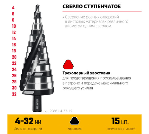 STAYER Pro-Max 4-32мм, 15 ступеней, винтовая спираль, сверло ступенчатое (29661-4-32-15) купить  в Сочи