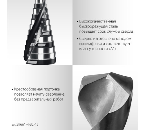 STAYER Pro-Max 4-32мм, 15 ступеней, винтовая спираль, сверло ступенчатое (29661-4-32-15) купить  в Сочи