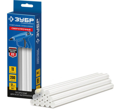 ЗУБР 11 х 200 мм, 12 шт, сверхпрочные прозрачные клеевые стержни, Профессионал (06856-12) купить  в Сочи