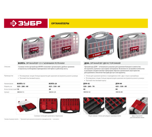 ЗУБР ВОЛГА-20, 425 х 330 х 60 мм, пластиковый органайзер с 20 съемными лотками (38034-20) купить  в Сочи