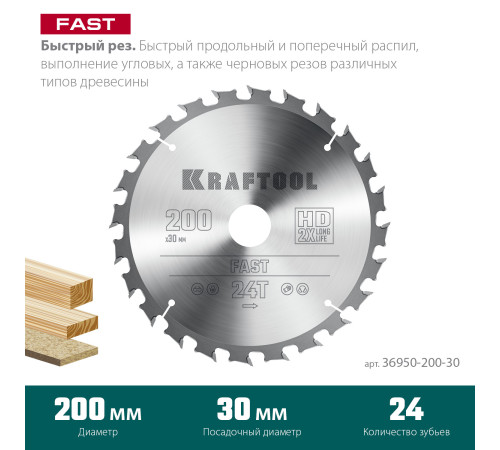 KRAFTOOL Fast, 200 х 30 мм, 24Т, пильный диск по дереву (36950-200-30) купить  в Сочи