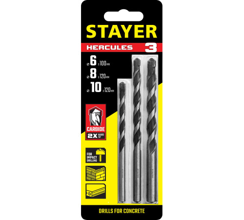 STAYER Hercules, 3 шт: d 6-8-10 мм, набор сверл по бетону, Professional (2915-H3) купить в Сочи STAYER Hercules, 3 шт: d 6-8-10 мм, набор сверл по бетону, Professional (2915-H3) купить в Сочи