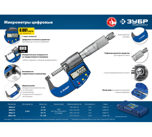 ЗУБР МКЦ 25, 0 - 25 мм, гладкий цифровой микрометр, Профессионал (34482-25) купить  в Сочи