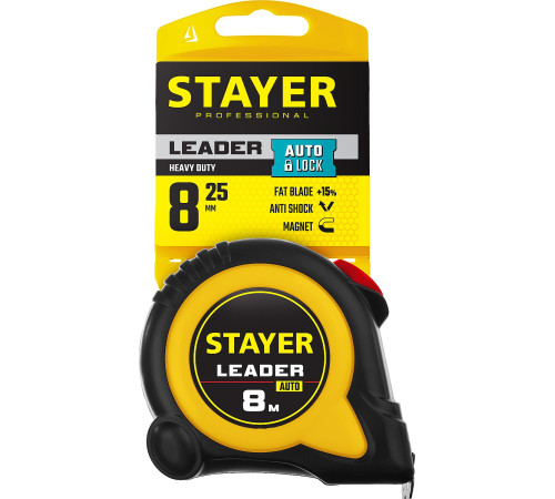 STAYER Leader, 8 м х 25 мм, рулетка с автостопом, Professional (3402-08-25) купить  в Сочи