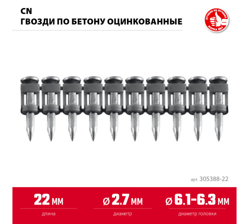 ЗУБР CN 22 х 2.7 мм, гвозди по бетону оцинкованные, 1000 шт (305388-22) купить  в Сочи