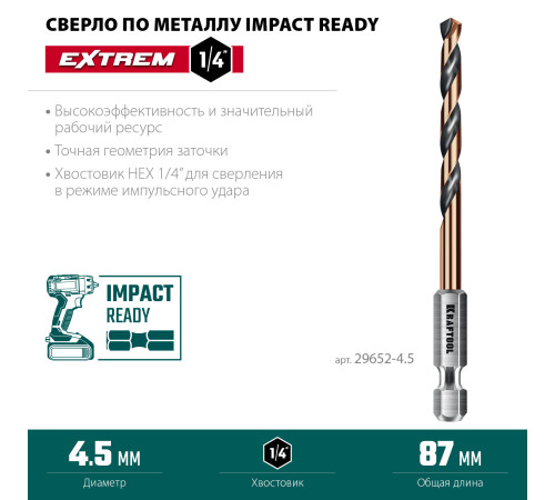 KRAFTOOL НЕХ-1/4″, d 4.5 х 87 мм, сверло по металлу для винтовёртов и шуруповертов IMPACT READY (29652-4.5) купить  в Сочи