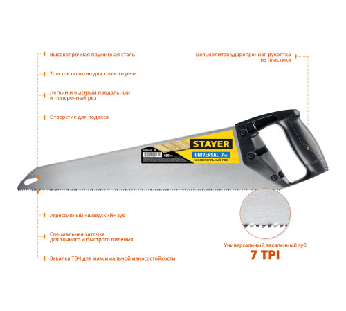 STAYER Universal, 450 мм, универсальная ножовка (15050-45) купить в Сочи STAYER Universal, 450 мм, универсальная ножовка (15050-45) купить в Сочи