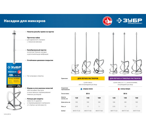 ЗУБР М14, d140 мм, насадка-миксер для тяжелых растворов ″снизу-вверх″, Профессионал (МНТ-П140) купить  в Сочи