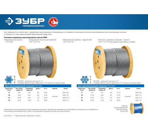 ЗУБР DIN 3066, свивка 6 х 37 + IWR, 10 мм, L 60 м, грузоподъемный стальной трос, Профессионал (30417-10) купить  в Сочи