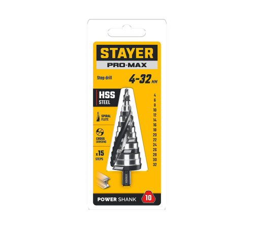 STAYER Pro-Max 4-32мм, 15 ступеней, винтовая спираль, сверло ступенчатое (29661-4-32-15) купить в Сочи STAYER Pro-Max 4-32мм, 15 ступеней, винтовая спираль, сверло ступенчатое (29661-4-32-15) купить в Сочи