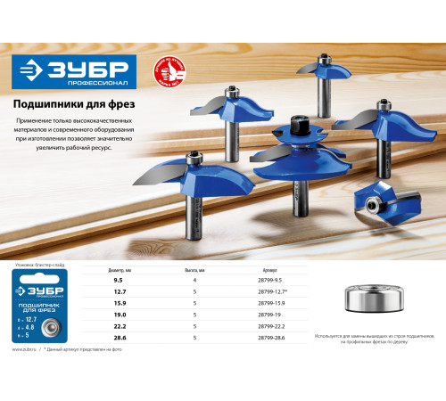 ЗУБР 9.5 мм, высота - 4 мм, подшипник для фрез, Профессионал (28799-9.5) купить  в Сочи