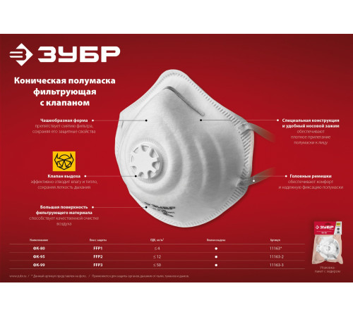 ЗУБР ФК-95, класс защиты FFP2, коническая, фильтрующая полумаска с клапаном выдоха (11163-2) купить в Сочи ЗУБР ФК-95, класс защиты FFP2, коническая, фильтрующая полумаска с клапаном выдоха (11163-2) купить в Сочи