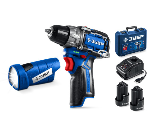 ЗУБР КОМПАКТ #4, набор: дрель-шуруповерт + LED фонарь, BRUSHLESS, 12 В, 45 Н·м, 2 АКБ тип Т7 (2 А·ч), кейс, Профессионал (DB-121-22F) купить  в Сочи