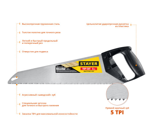 STAYER TopCut, 400 мм, ударопрочная ножовка (15061-40) купить  в Сочи
