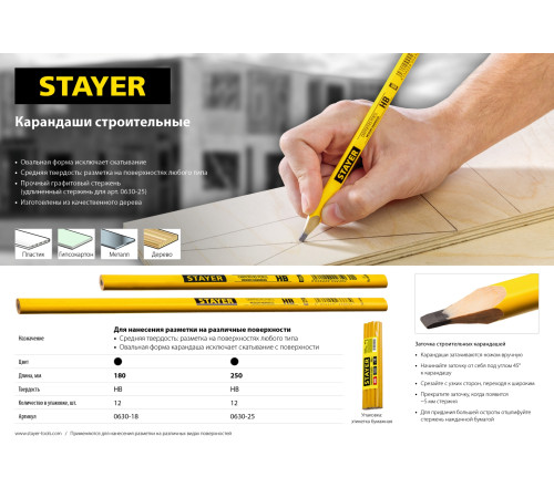 STAYER 250 мм, HB, строительный карандаш плотника (0630-25) купить  в Сочи