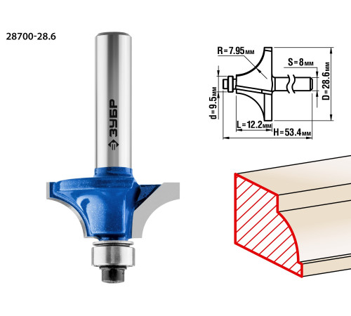 ЗУБР 28.6 x 12.2 мм, радиус 8 мм, фреза кромочная калевочная №1, Профессионал (28700-28.6) купить  в Сочи