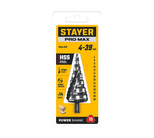 STAYER Pro-Max 4-39мм, 14 ступеней, винтовая спираль, сверло ступенчатое (29661-4-39-14) купить  в Сочи