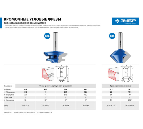 ЗУБР 44.5 x 21 мм, фреза кромочная для углового сращивания, Профессионал (28724-44.5) купить  в Сочи