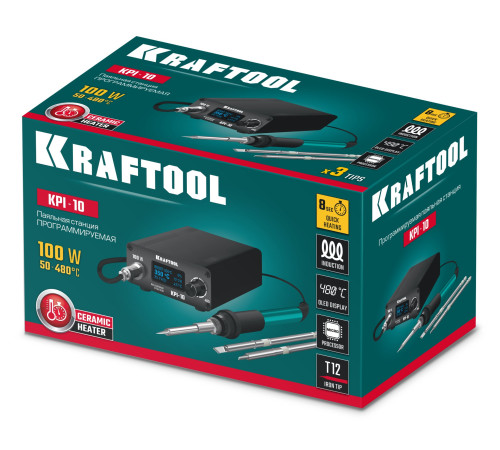 KRAFTOOL KPI-10, 50 - 480°C, 100 Вт, 3 жала Т12, программируемая паяльная станция (55343) купить  в Сочи