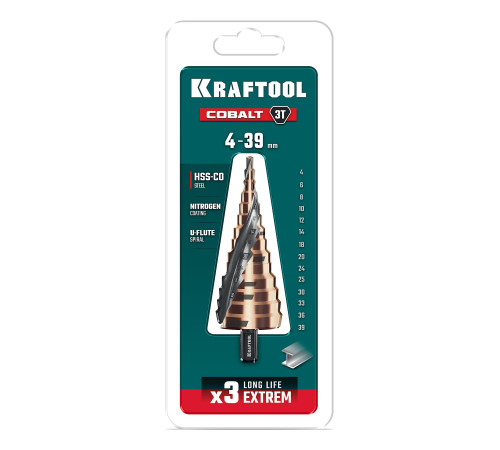 KRAFTOOL COBALT 4-39мм, 14 ступеней, азотирование, винтовая спираль, сверло ступенчатое(29691-4-39-14) купить в Сочи KRAFTOOL COBALT 4-39мм, 14 ступеней, азотирование, винтовая спираль, сверло ступенчатое(29691-4-39-14) купить в Сочи