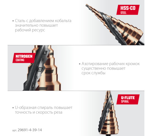 KRAFTOOL COBALT 4-39мм, 14 ступеней, азотирование, винтовая спираль, сверло ступенчатое(29691-4-39-14) купить в Сочи KRAFTOOL COBALT 4-39мм, 14 ступеней, азотирование, винтовая спираль, сверло ступенчатое(29691-4-39-14) купить в Сочи