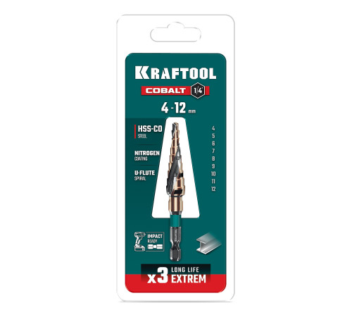 KRAFTOOL COBALT 4-12мм, 9 ступеней, азотирование, винтовая спираль, сверло ступенчатое(29691-4-12-9) купить в Сочи KRAFTOOL COBALT 4-12мм, 9 ступеней, азотирование, винтовая спираль, сверло ступенчатое(29691-4-12-9) купить в Сочи