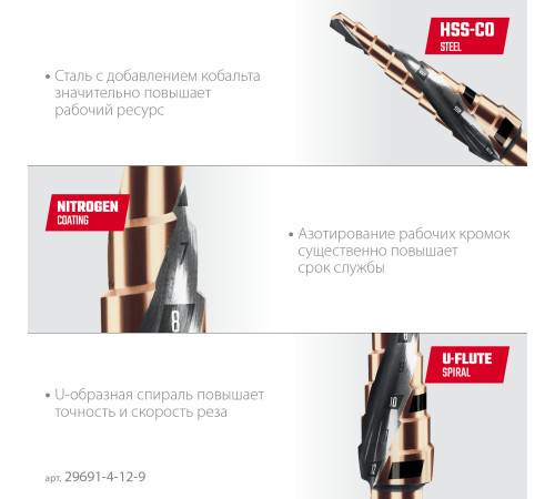 KRAFTOOL COBALT 4-12мм, 9 ступеней, азотирование, винтовая спираль, сверло ступенчатое(29691-4-12-9) купить в Сочи KRAFTOOL COBALT 4-12мм, 9 ступеней, азотирование, винтовая спираль, сверло ступенчатое(29691-4-12-9) купить в Сочи