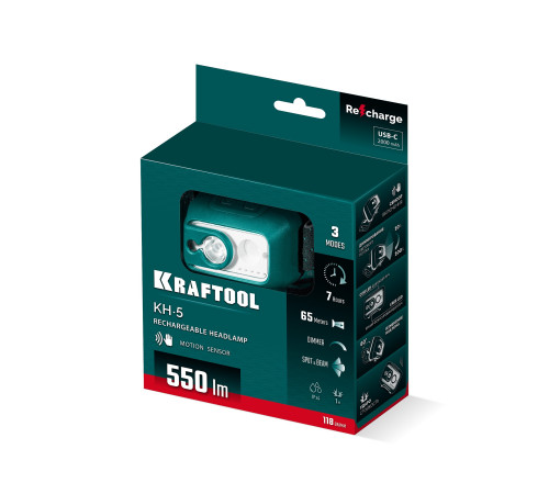 KRAFTOOL KH-5, 550 лм, 3 режима, аккумуляторный налобный фонарь, 1800мАч (56454) купить  в Сочи