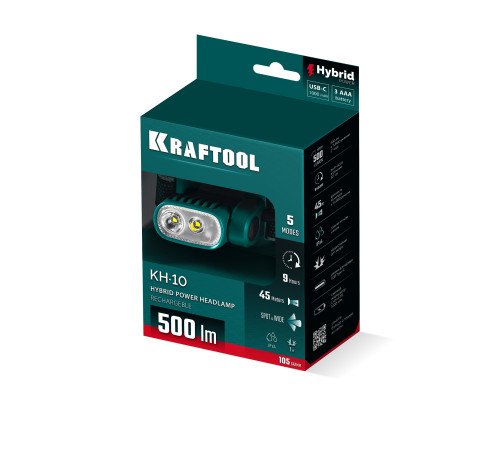 KRAFTOOL KH-10, Hybrid power, 500 лм, 5 режимов, аккумуляторный налобный фонарь, 1000мАч, 3ААА (56452) купить  в Сочи