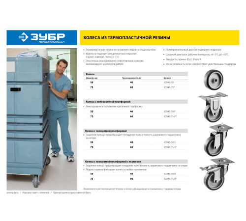 ЗУБР d 50 мм, г/п 40 кг, резина/полипропилен, термопластичное колесо, Профессионал (30946-50) купить  в Сочи