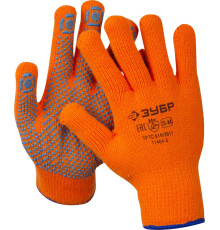 ЗУБР АНГАРА, S-M, акриловые перчатки сигнального цвета с начёсом, точечное ПВХ покрытием, утеплённые, 10 класс, Профессионал (11464-S)