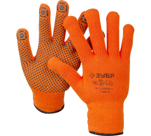 ЗУБР АНГАРА, L-XL, акриловые перчатки сигнального цвета с начёсом, точечное ПВХ покрытием, утеплённые, 10 класс, Профессионал (11464-XL) купить  в Сочи