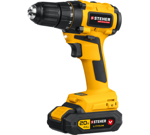 STEHER V1, 20 В, 45 Н·м, 2 АКБ (2 А·ч), бесщеточная дрель-шуруповерт, кейс (CDB-200-2) купить  в Сочи