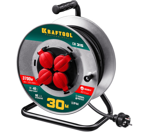KRAFTOOL K-315, КГ, 3 x 1.5 мм2, 30 м, 3700 Вт, IP44, силовой удлинитель на стальной катушке (55085-30) купить  в Сочи