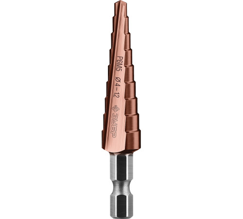 ЗУБР Кобальт, 4-12 мм, 9 ступеней, сталь Р6М5, кобальтовое покрытие, ступенчатое сверло, Профессионал (29672-4-12-9) купить  в Сочи