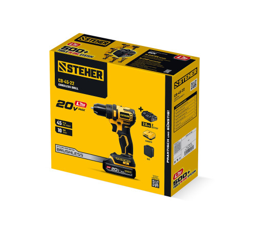 STEHER 20 В, 45 Н·м, 2 АКБ LMS (2 А·ч), бесщеточная дрель-шуруповерт, сумка (CB-45-22) купить в Сочи STEHER 20 В, 45 Н·м, 2 АКБ LMS (2 А·ч), бесщеточная дрель-шуруповерт, сумка (CB-45-22) купить в Сочи