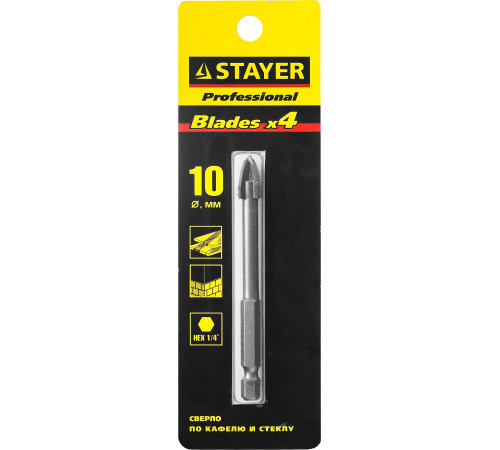 STAYER 10 мм, 4х кромка, HEX 1/4, Сверло по стеклу и кафелю (2985-10) купить  в Сочи