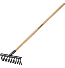 GRINDA GS-12 WOOD, 385 х 95 х 1300 мм, 12 витых зубцов, углеродистая сталь, антикор. покрытие, черенок дерев. высш. сорт, садовые грабли(39581-12)
