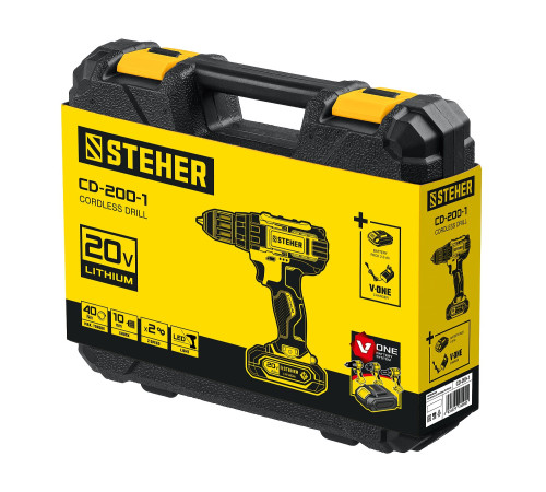 STEHER V1, 20 В, 40 Н·м, 1 АКБ (2 А·ч), дрель-шуруповерт, кейс (CD-200-1) купить в Сочи STEHER V1, 20 В, 40 Н·м, 1 АКБ (2 А·ч), дрель-шуруповерт, кейс (CD-200-1) купить в Сочи