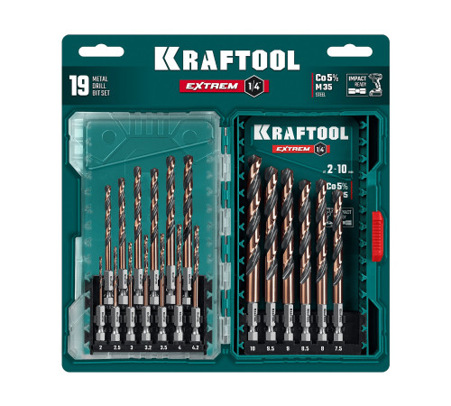 KRAFTOOL НЕХ-1/4″, 19 шт, набор сверл по металлу для винтовёртов и шуруповертов IMPACT READY (29652-H19) купить  в Сочи