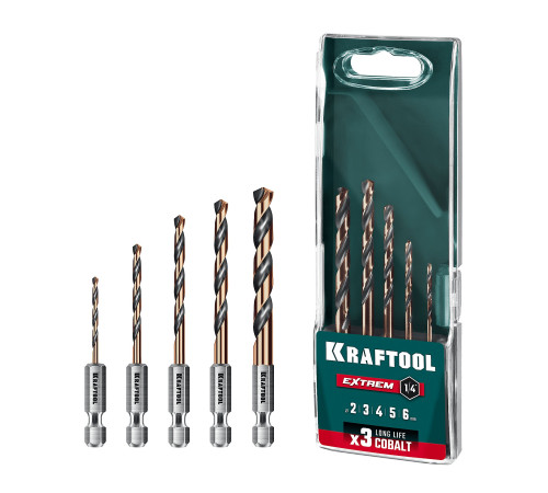KRAFTOOL НЕХ-1/4″, 5 шт, набор сверл по металлу для винтовёртов и шуруповертов IMPACT READY (29652-H5) купить  в Сочи