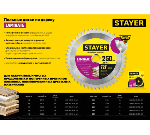 STAYER Laminate, 200 x 32/30 мм, 56Т, аккуратный рез, пильный диск по ламинату (3684-200-32-56) купить  в Сочи