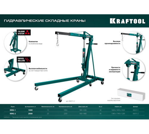 KRAFTOOL KMG-1, 1 т, 75 - 1950 мм, складной гидравлический кран (43411-1) купить  в Сочи