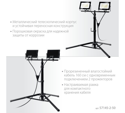 ЗУБР ПСК 50х2, 2 х 50 Вт, 6500 К, IP 65, 1.6 м, светодиодные прожекторы на штативе, Профессионал (57145-2-50) купить  в Сочи
