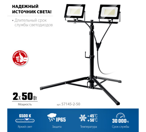 ЗУБР ПСК 50х2, 2 х 50 Вт, 6500 К, IP 65, 1.6 м, светодиодные прожекторы на штативе, Профессионал (57145-2-50) купить  в Сочи