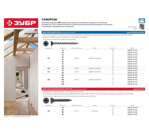ЗУБР СГД, 32 х 3.5 мм, фосфатированное покрытие, 65 шт, саморез гипсокартон-дерево, Профессионал (300036-35-032) купить  в Сочи